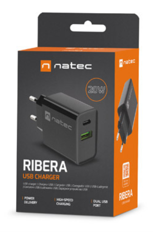 CARGADOR NATEC RIBERA 20W 1XUSB-A + 1XUSB-C PD3.0 QC3.0 NEGRO - detalle