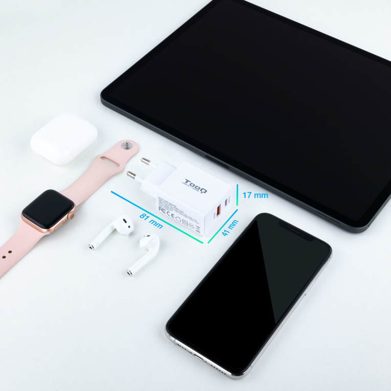 CARGADOR PARED TOOQ USB-C/PD 20W, USB-A/QC 18W BLANCO - detalle