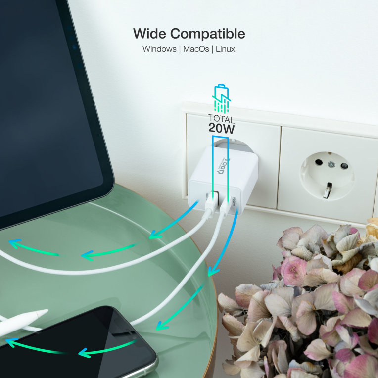 CARGADOR PARED TOOQ USB-C/PD 20W, USB-A/QC 18W BLANCO - detalle