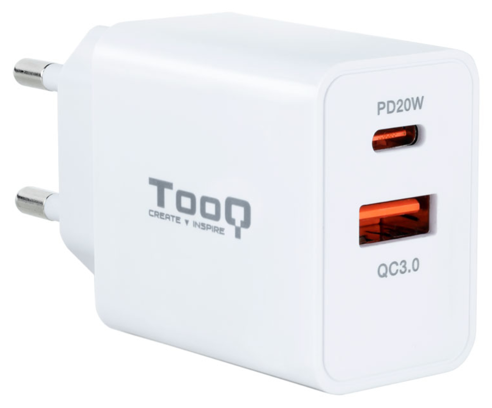 CARGADOR PARED TOOQ USB-C/PD 20W, USB-A/QC 18W BLANCO