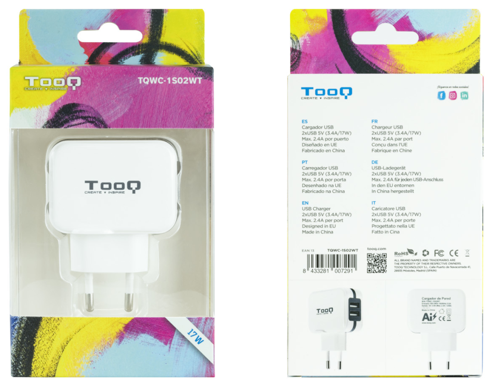 CARGADOR PARED USB TOOQ TQWC-11S02WT 2xUSB 3.4 BLANCO - detalle