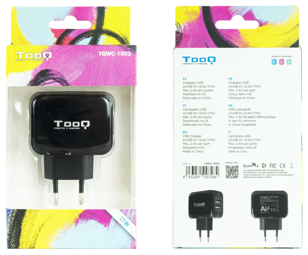 CARGADOR PARED USB TQWC-1S02 2xUSB 3.4 A(TOTAL) AI-TECH NEGRO - detalle