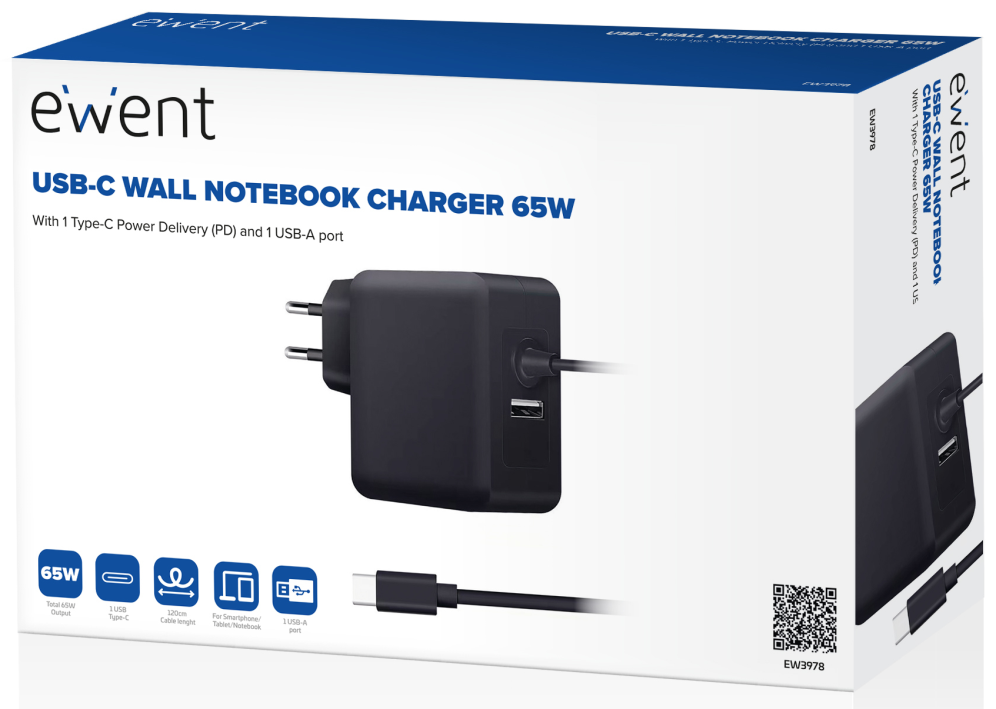CARGADOR PORTATIL EWENT USB C 65W PUERTO ADICIONAL USB A - detalle