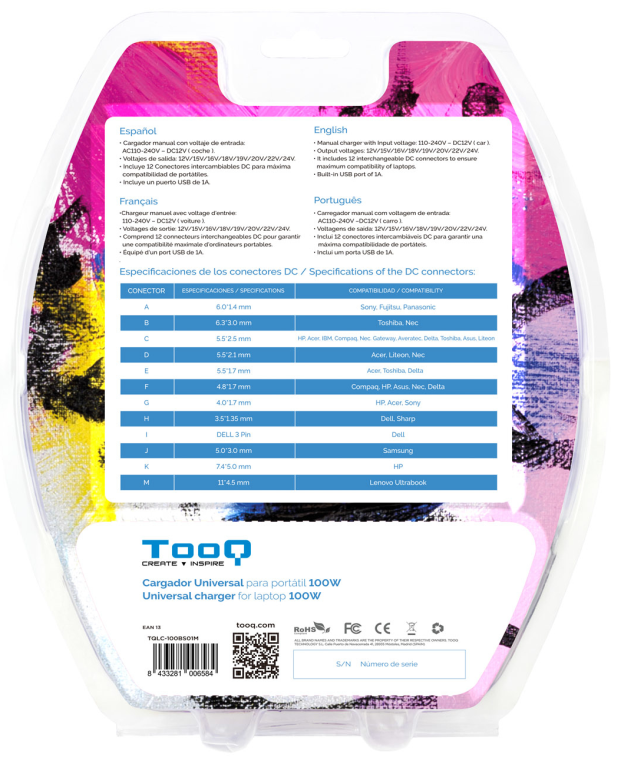 CARGADOR PORTATIL TOOQ UNIVERSAL TQLC-100BS01M 100W 1xUSB - detalle