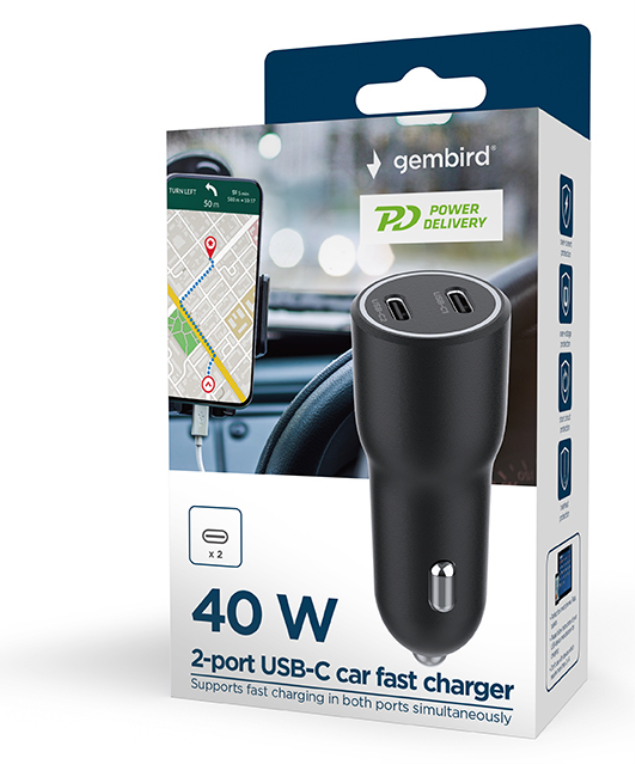 CARGADOR RAPIDO COCHE GEMBIRD POWER LIVERY- 2 PUERTOS USB TIPO C, 40 W, NEGRO - detalle