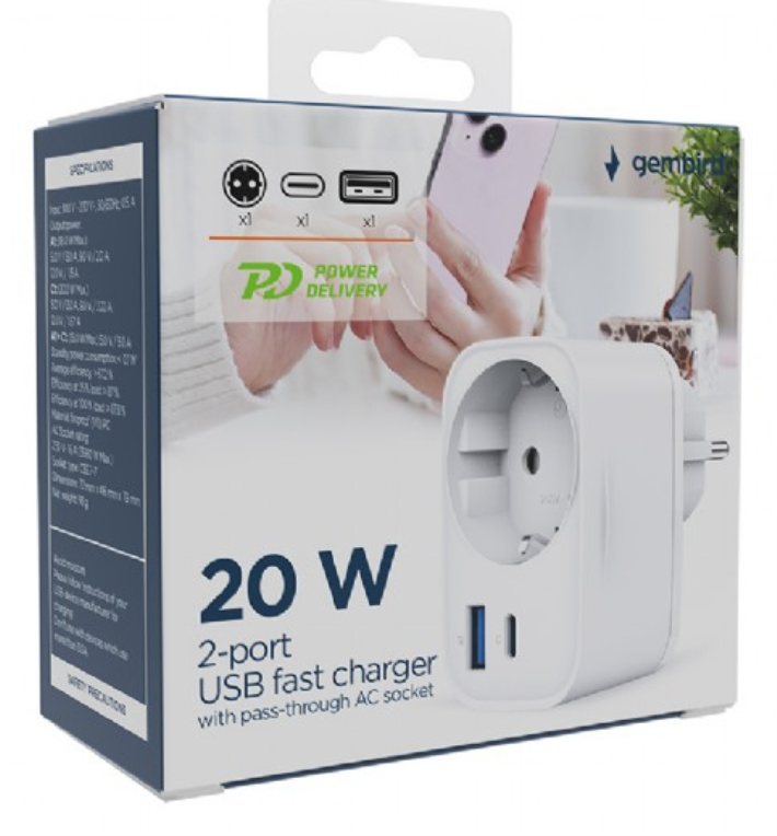 CARGADOR RAPIDO GEMBIRD USB DE 2 PUERTOS CON TOMA DE CA DE PASO 20 W BLANCO - detalle