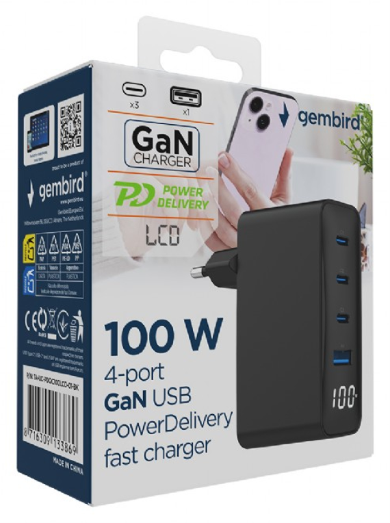 CARGADOR RAPIDO GEMBIRD USB GAN DE 4 PUERTOS 100 W LCD NEGRO - detalle