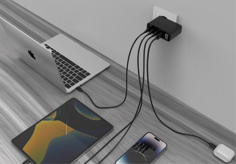 CARGADOR RAPIDO GEMBIRD USB GAN DE 4 PUERTOS 100 W LCD NEGRO - detalle