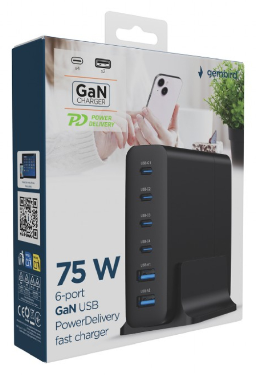 CARGADOR RAPIDO GEMBIRD USB GAN DE 6 PUERTOS 75 W NEGRO - detalle