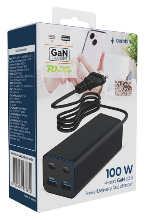 CARGADOR RAPIDO GEMBIRD USB POWERDELIVERY GAN DE 4 PUERTOS 100 W NEGRO - detalle