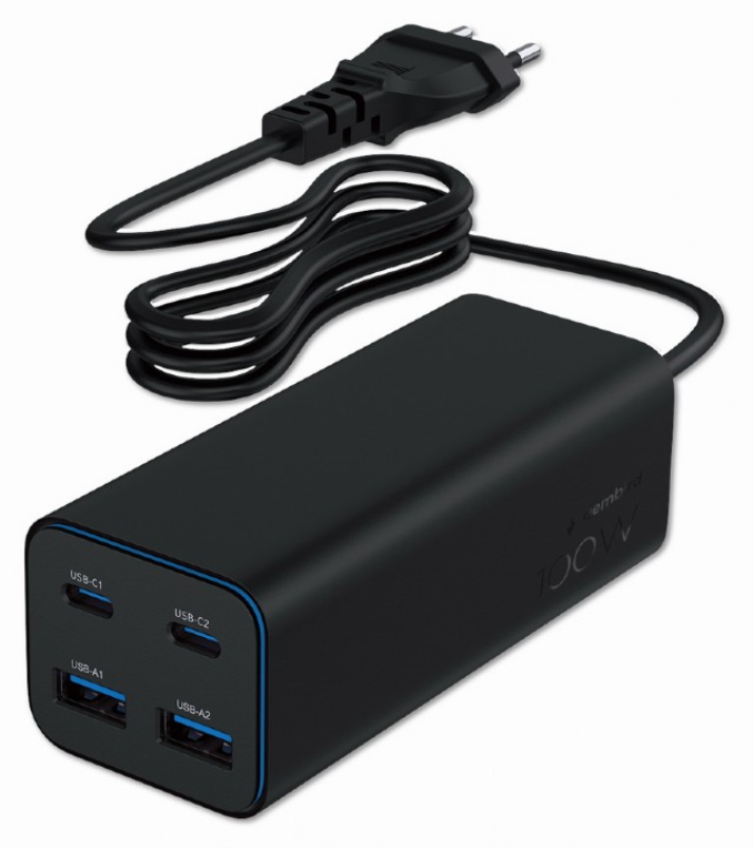 CARGADOR RAPIDO GEMBIRD USB POWERDELIVERY GAN DE 4 PUERTOS 100 W NEGRO