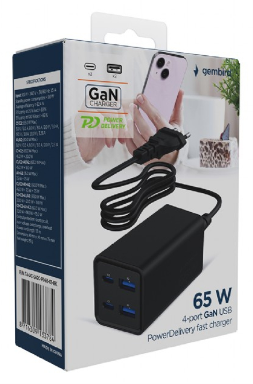 CARGADOR RAPIDO GEMBIRD USB POWERDELIVERY GAN DE 4 PUERTOS 65 W NEGRO - detalle