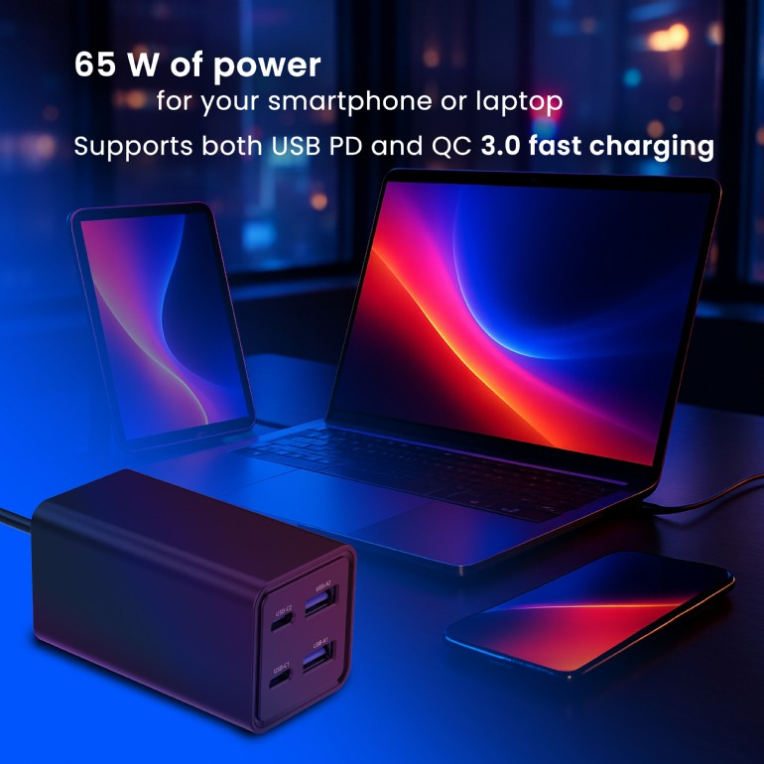 CARGADOR RAPIDO GEMBIRD USB POWERDELIVERY GAN DE 4 PUERTOS 65 W NEGRO - detalle