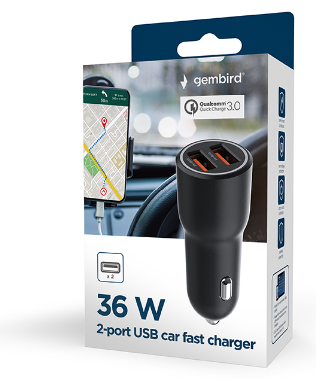 CARGADOR RAPIDO PARA COCHE GEMBIRD CON 2 PUERTOS USB, QC3.0, 36 W, NEGRO - detalle