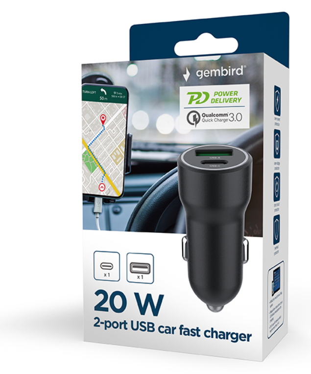CARGADOR RAPIDO PARA COCHE GEMBIRD CON 2 PUERTOS USB, TIPO C PD, 20 W, NEGRO - detalle