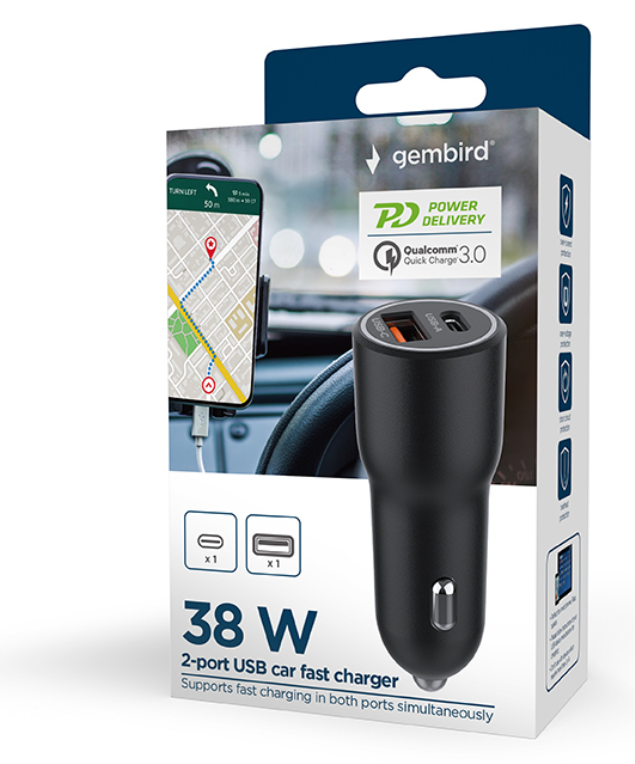 CARGADOR RAPIDO PARA COCHE GEMBIRD CON 2 PUERTOS USB, TIPO C PD, 38 W, NEGRO - detalle