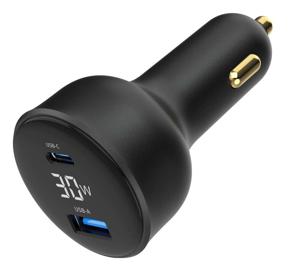 CARGADOR RAPIDO PARA COCHE GEMBIRD USB DE 2 PUERTOS, TIPO C PD, LCD, 30 W,NEGRO - detalle