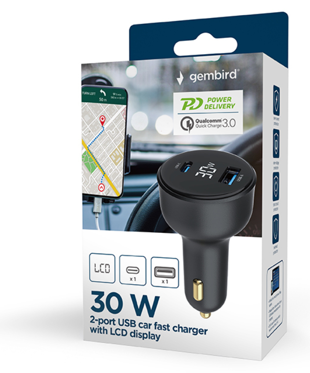 CARGADOR RAPIDO PARA COCHE GEMBIRD USB DE 2 PUERTOS, TIPO C PD, LCD, 30 W,NEGRO