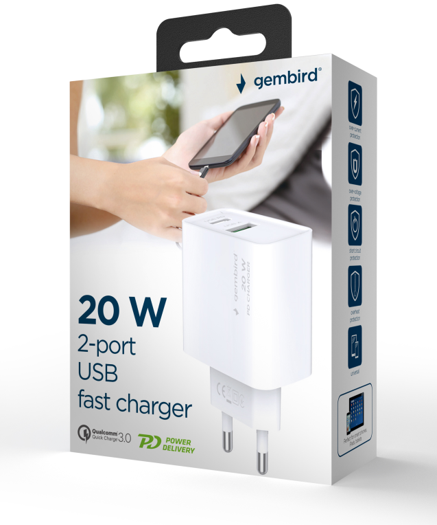 CARGADOR RAPIDO USB GEMBIRD DE 2 PUERTOS Y 20 W, BLANCO - detalle