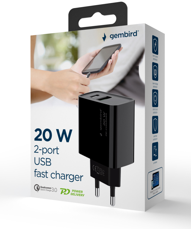 CARGADOR RAPIDO USB GEMBIRD DE 2 PUERTOS Y 20 W, NEGRO - detalle