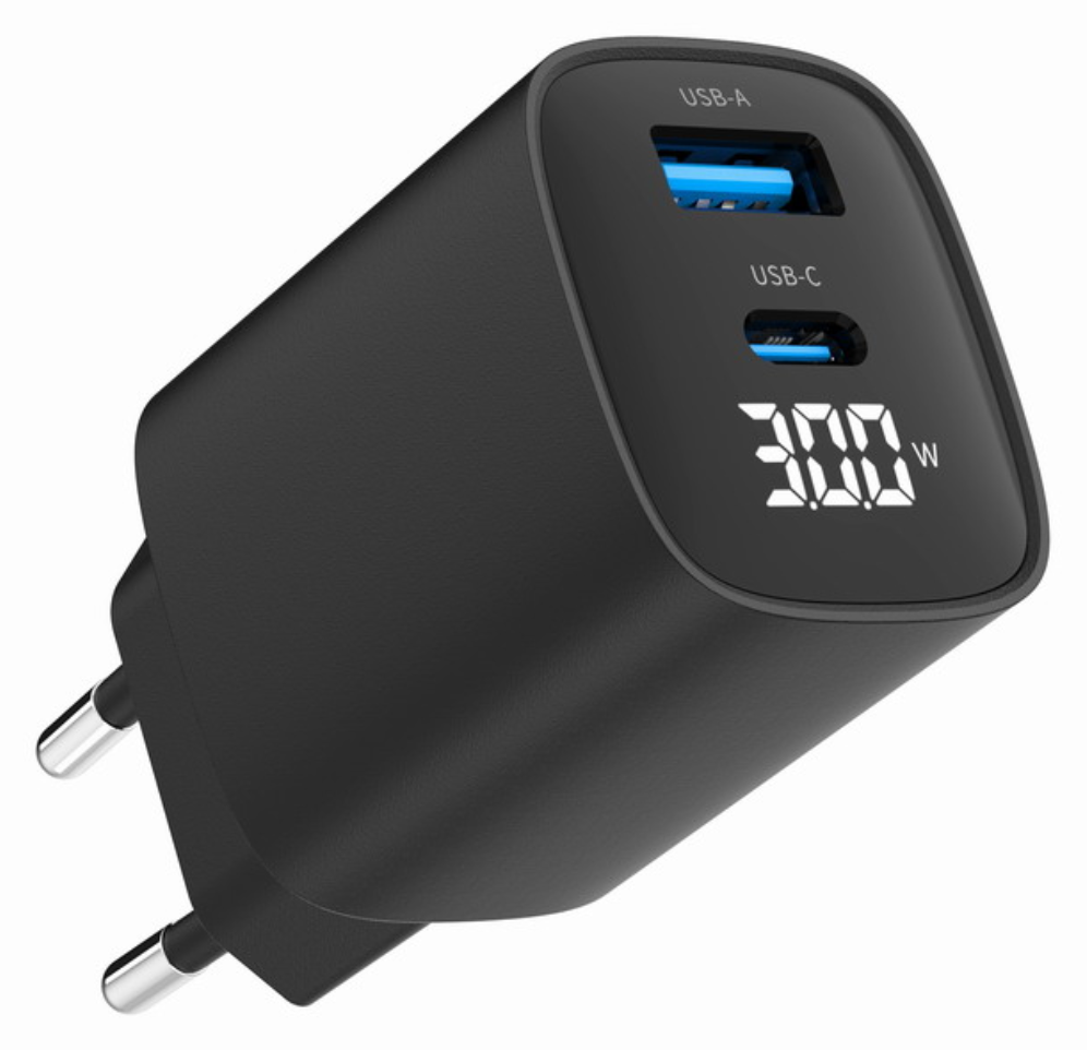 CARGADOR RAPIDO USB GEMBIRD DE 2 PUERTOS Y 30 W, LCD, NEGRO - detalle
