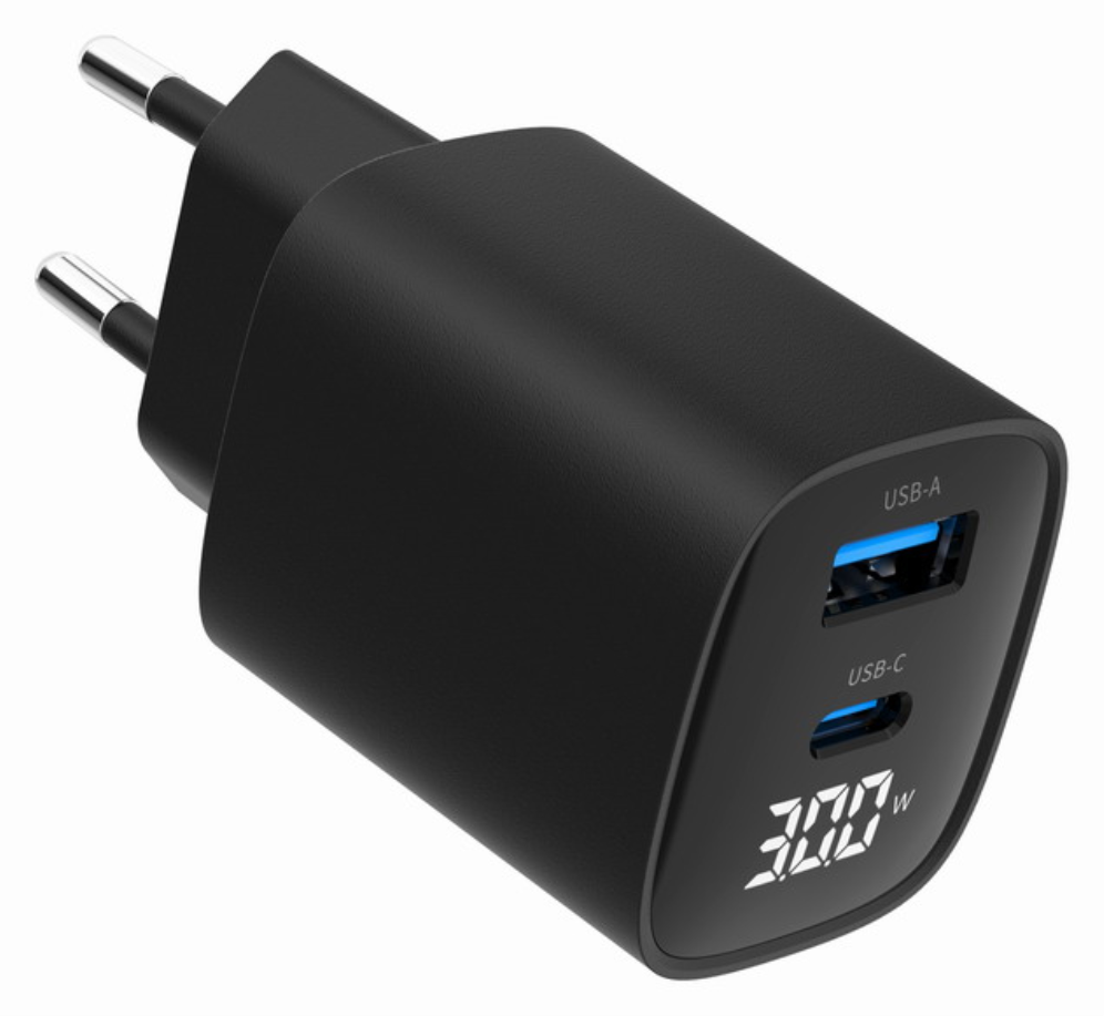 CARGADOR RAPIDO USB GEMBIRD DE 2 PUERTOS Y 30 W, LCD, NEGRO - detalle