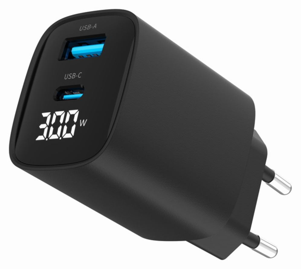 CARGADOR RAPIDO USB GEMBIRD DE 2 PUERTOS Y 30 W, LCD, NEGRO - detalle