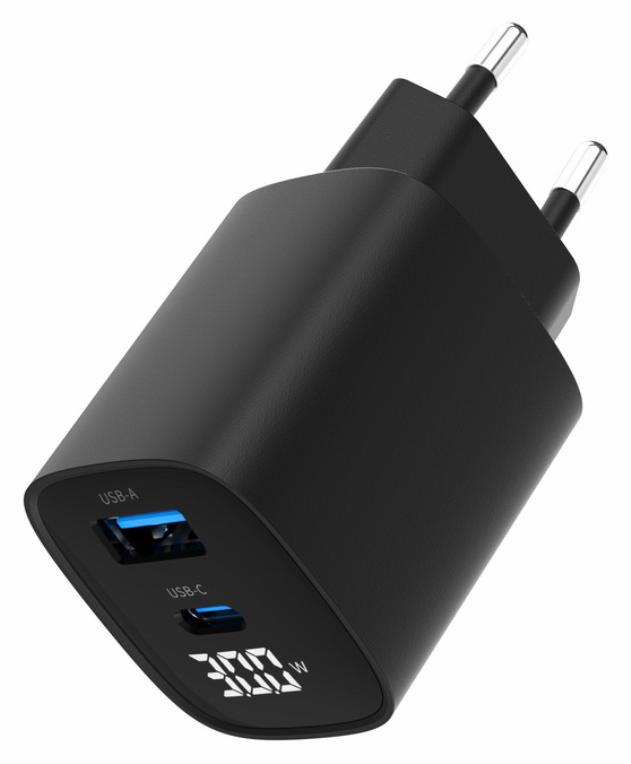 CARGADOR RAPIDO USB GEMBIRD DE 2 PUERTOS Y 30 W, LCD, NEGRO - detalle