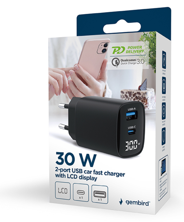 CARGADOR RAPIDO USB GEMBIRD DE 2 PUERTOS Y 30 W, LCD, NEGRO - detalle