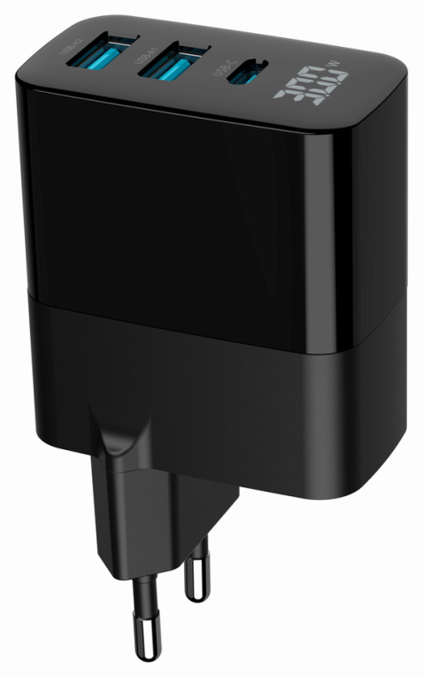 CARGADOR RAPIDO USB GEMBIRD GAN DE 3 PUERTOS Y 30 W, LCD, NEGRO - detalle