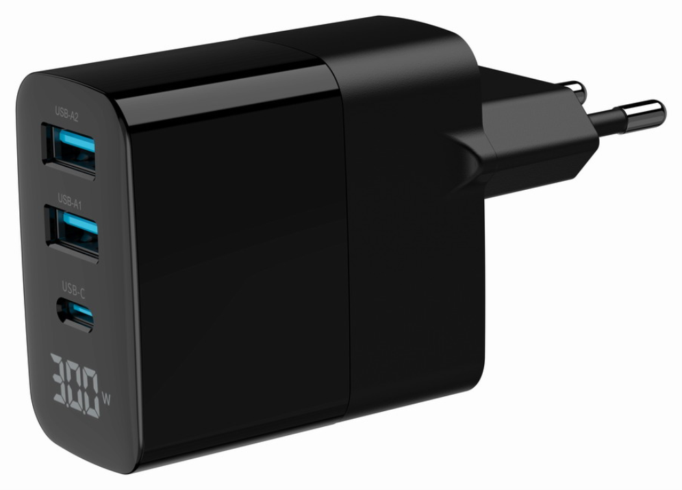 CARGADOR RAPIDO USB GEMBIRD GAN DE 3 PUERTOS Y 30 W, LCD, NEGRO - detalle