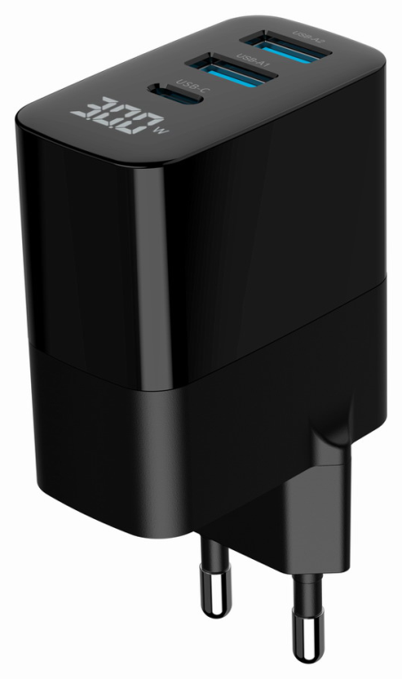 CARGADOR RAPIDO USB GEMBIRD GAN DE 3 PUERTOS Y 30 W, LCD, NEGRO - detalle