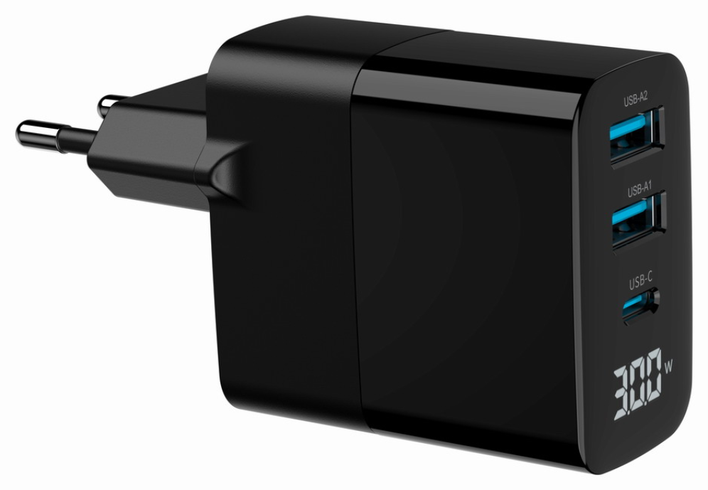 CARGADOR RAPIDO USB GEMBIRD GAN DE 3 PUERTOS Y 30 W, LCD, NEGRO - detalle