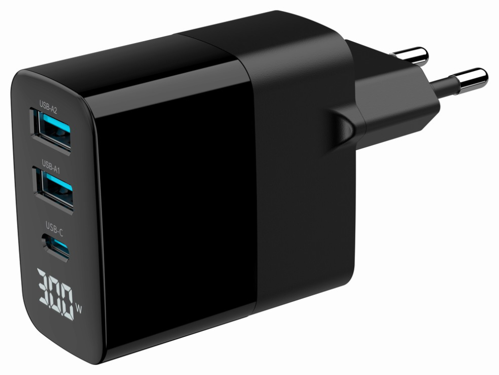 CARGADOR RAPIDO USB GEMBIRD GAN DE 3 PUERTOS Y 30 W, LCD, NEGRO