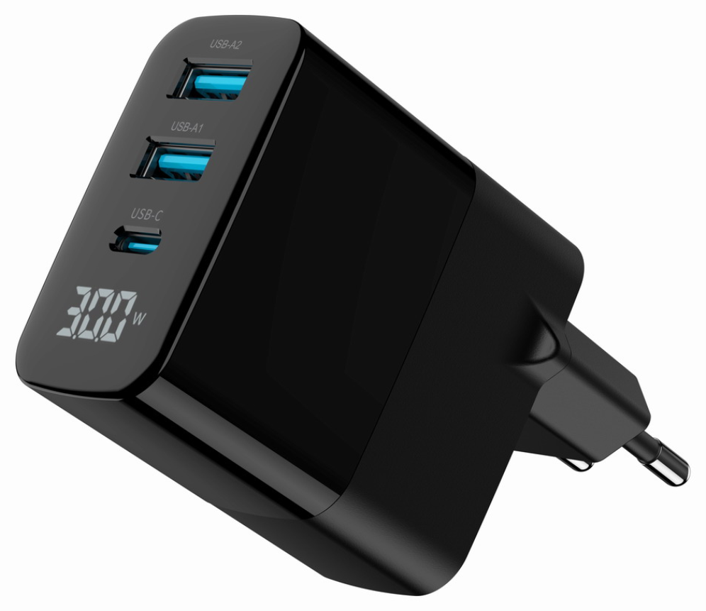 CARGADOR RAPIDO USB GEMBIRD GAN DE 3 PUERTOS Y 30 W, LCD, NEGRO - detalle