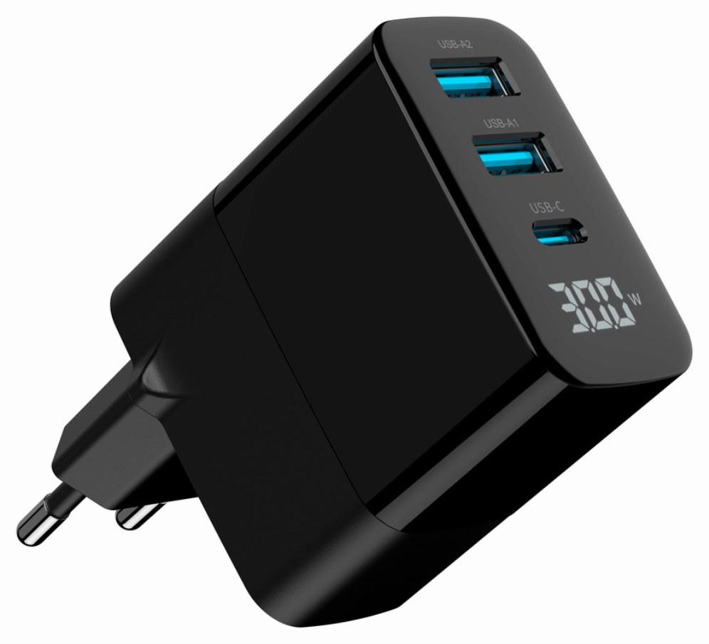 CARGADOR RAPIDO USB GEMBIRD GAN DE 3 PUERTOS Y 30 W, LCD, NEGRO - detalle