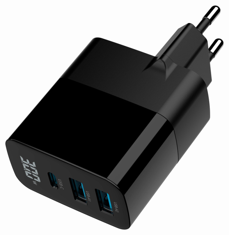 CARGADOR RAPIDO USB GEMBIRD GAN DE 3 PUERTOS Y 30 W, LCD, NEGRO - detalle