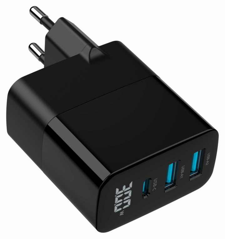 CARGADOR RAPIDO USB GEMBIRD GAN DE 3 PUERTOS Y 30 W, LCD, NEGRO - detalle