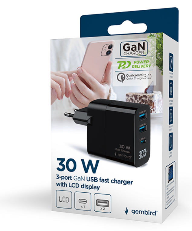 CARGADOR RAPIDO USB GEMBIRD GAN DE 3 PUERTOS Y 30 W, LCD, NEGRO - detalle