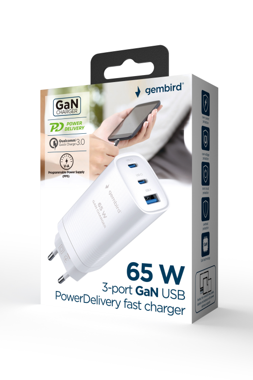 CARGADOR RAPIDO USB GEMBIRD POWER DELIVERY GAN DE 3 PUERTOS Y 65 W, BLANCO - detalle