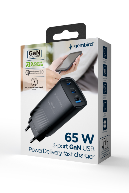 CARGADOR RAPIDO USB GEMBIRD POWER DELIVERY GAN DE 3 PUERTOS Y 65 W, NEGRO - detalle