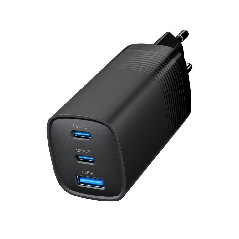 CARGADOR RAPIDO USB GEMBIRD POWER DELIVERY GAN DE 3 PUERTOS Y 65 W, NEGRO - detalle