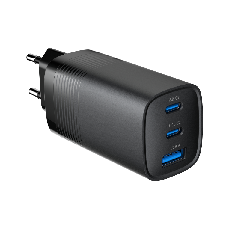 CARGADOR RAPIDO USB GEMBIRD POWER DELIVERY GAN DE 3 PUERTOS Y 65 W, NEGRO - detalle