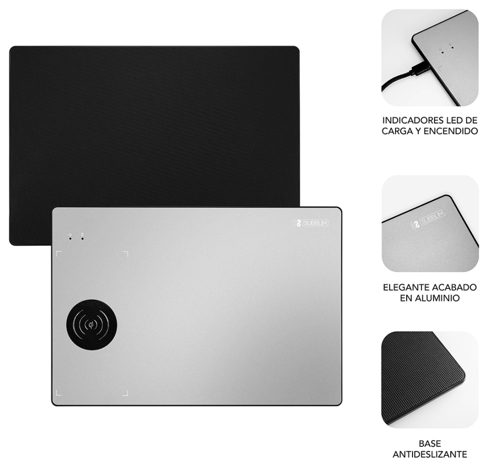 CARGADOR SUBBLIM MOUSEPAD WIRELESS CHARGER ALUMINUM SILVER 10W - detalle