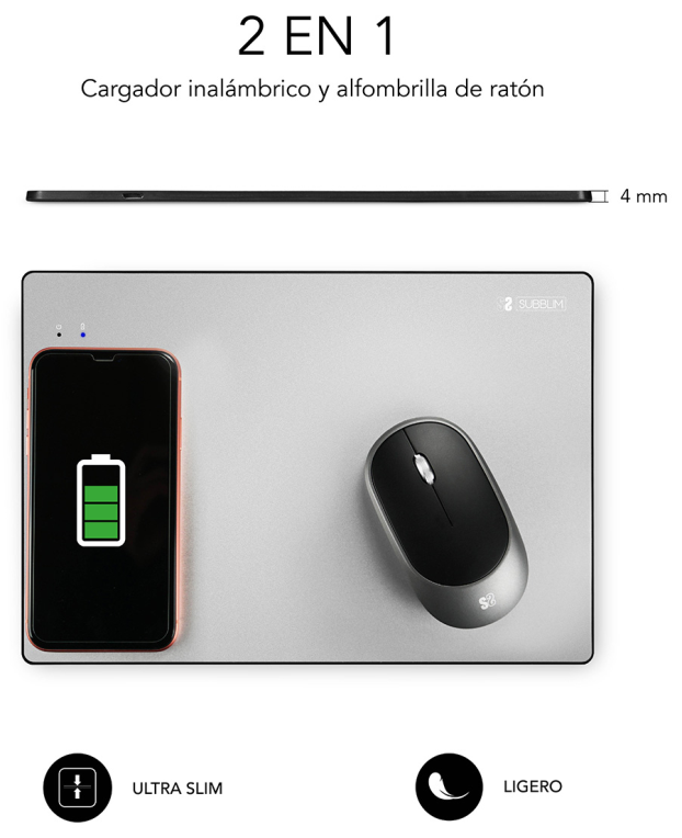 CARGADOR SUBBLIM MOUSEPAD WIRELESS CHARGER ALUMINUM SILVER 10W - detalle
