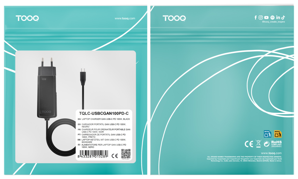 CARGADOR TOOQ PORTATIL GAN USB-C PD 100W CUBICO NEGRO - detalle