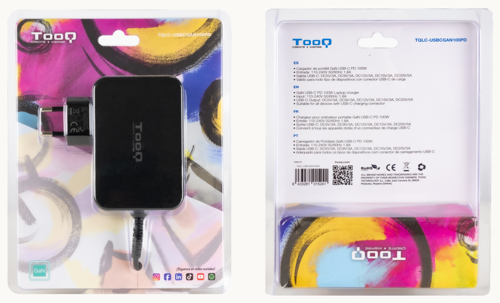 CARGADOR TOOQ PORTATIL GAN USB-C PD 100W NEGRO - detalle