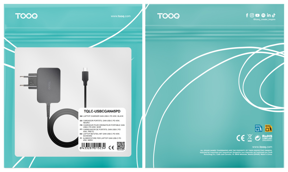 CARGADOR TOOQ PORTATIL GAN USB-C PD 45W NEGRO - detalle