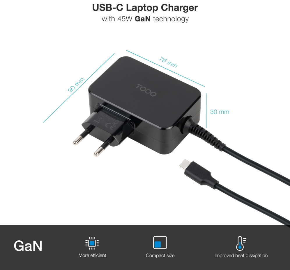 CARGADOR TOOQ PORTATIL GAN USB-C PD 45W NEGRO - detalle