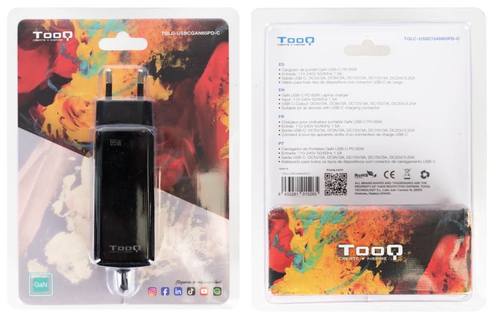 CARGADOR TOOQ PORTATIL GAN USB-C PD 65W CUBICO NEGRO - detalle